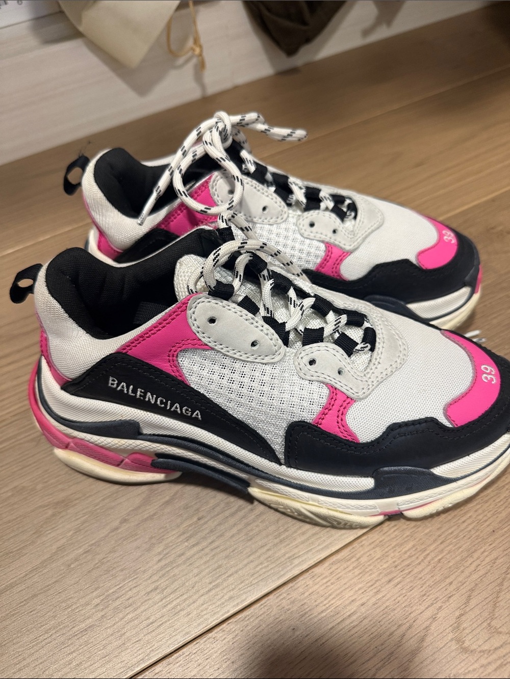 Balenciaga Women's Triple S Sneakers in White, Black & Pink